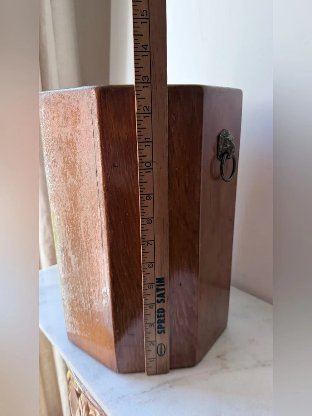 VTG /MC Wood Octagon Shape Trash Can Waste Bin With Lions Heads Unique Storage